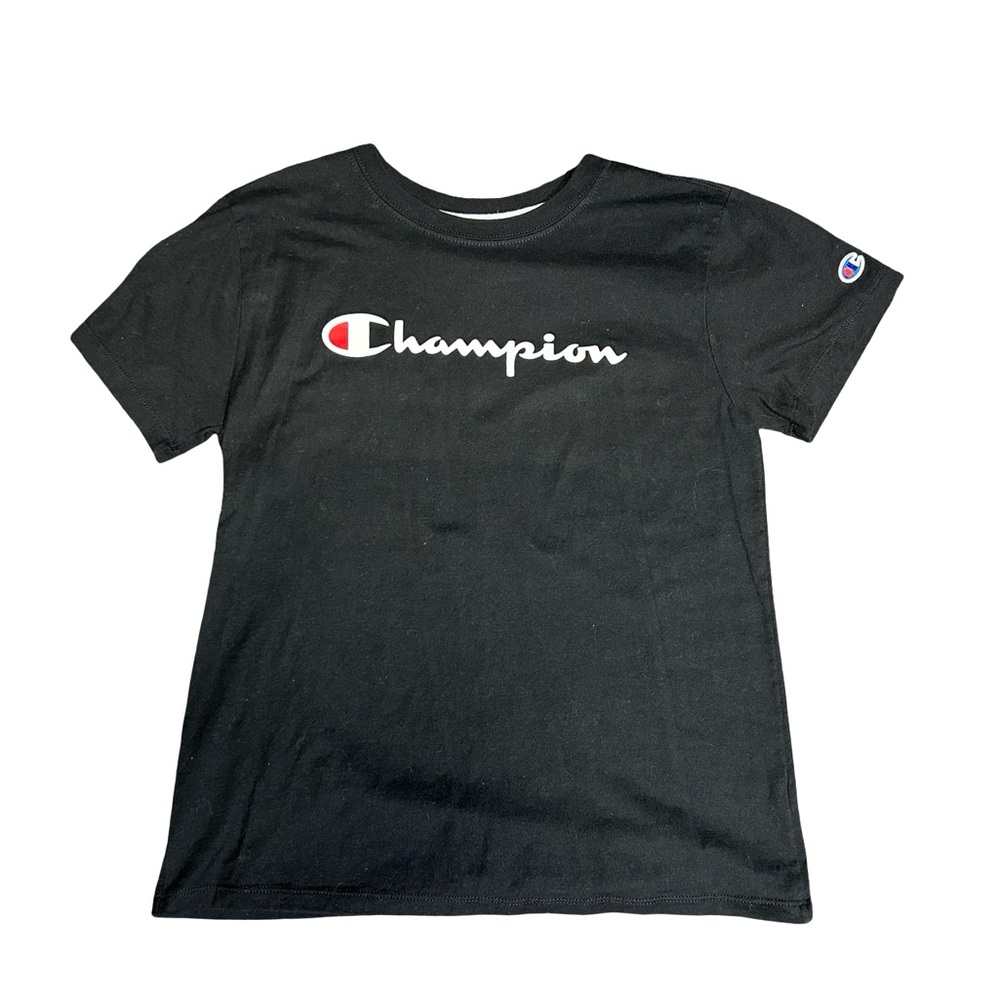 Champion Black Tee with White Script and Red Logo Accent